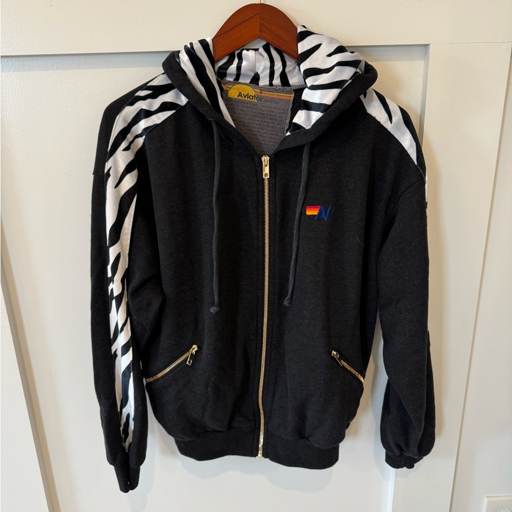 Aviator Nation Black Hoodie with Zebra Stripes